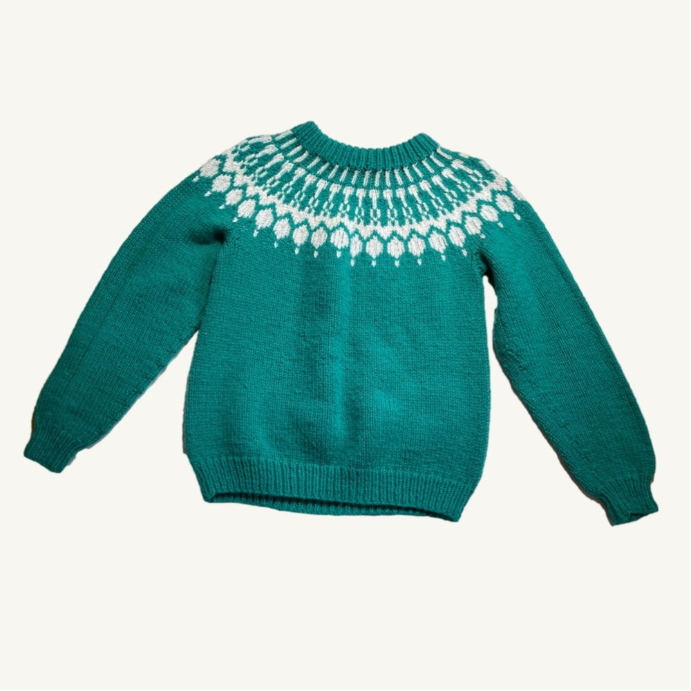 Homemade Hand Knit Yarn Sweater Teal Blue and White Detail